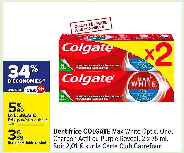 Dentifrice COLGATE Max White Optic, One, Charbon Actif ou Purple Reveal, 2 x 75 ml