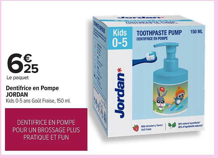 Dentifrice en Pompe JORDAN Kids 0-5 ans Goût Fraise, 150 ml.