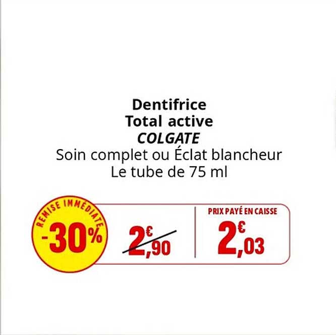 Dentifrice Total active COLGATE Soin complet ou Éclat blancheur Le tube de 75 ml