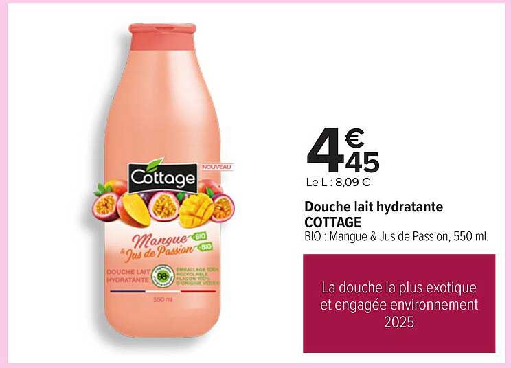 Douche lait hydratante COTTAGE BIO : Mangue & Jus de Passion, 550 ml.