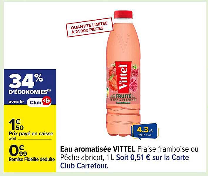 Eau aromatisée VITTEL Fraise framboise ou Pêche abricot, 1L