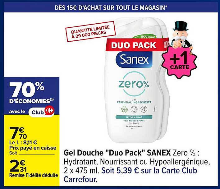 Gel Douche "Duo Pack" SANEX Zero % : Hydratant, Nourrissant ou Hypoallergénique, 2 x 475 ml.
