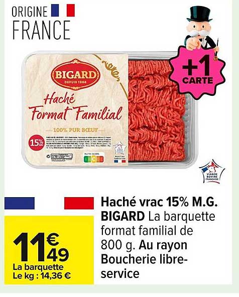 Haché vrac 15% M.G. BIGARD La barquette format familial de 800 g.
