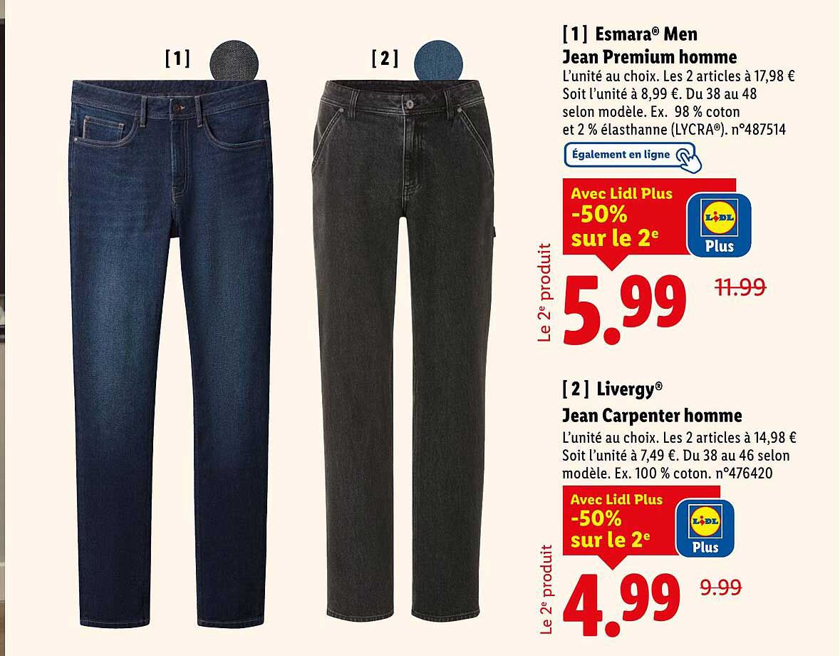 Jean Esmara® Men Jean Premium homme et Jean Livergy® Jean Carpenter homme
