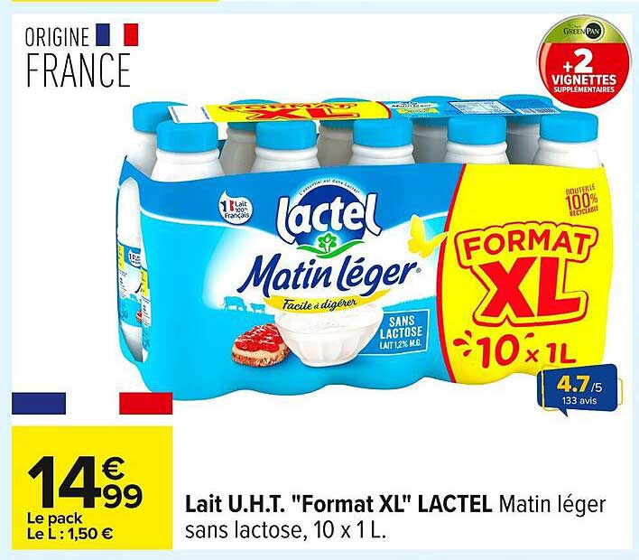 Lait U.H.T. "Format XL" LACTEL Matin léger sans lactose, 10 x 1L