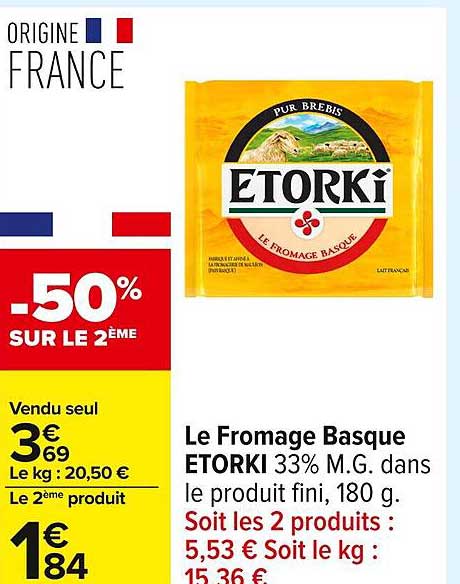 Le Fromage Basque ETORKI 33% M.G. dans le produit fini, 180 g.