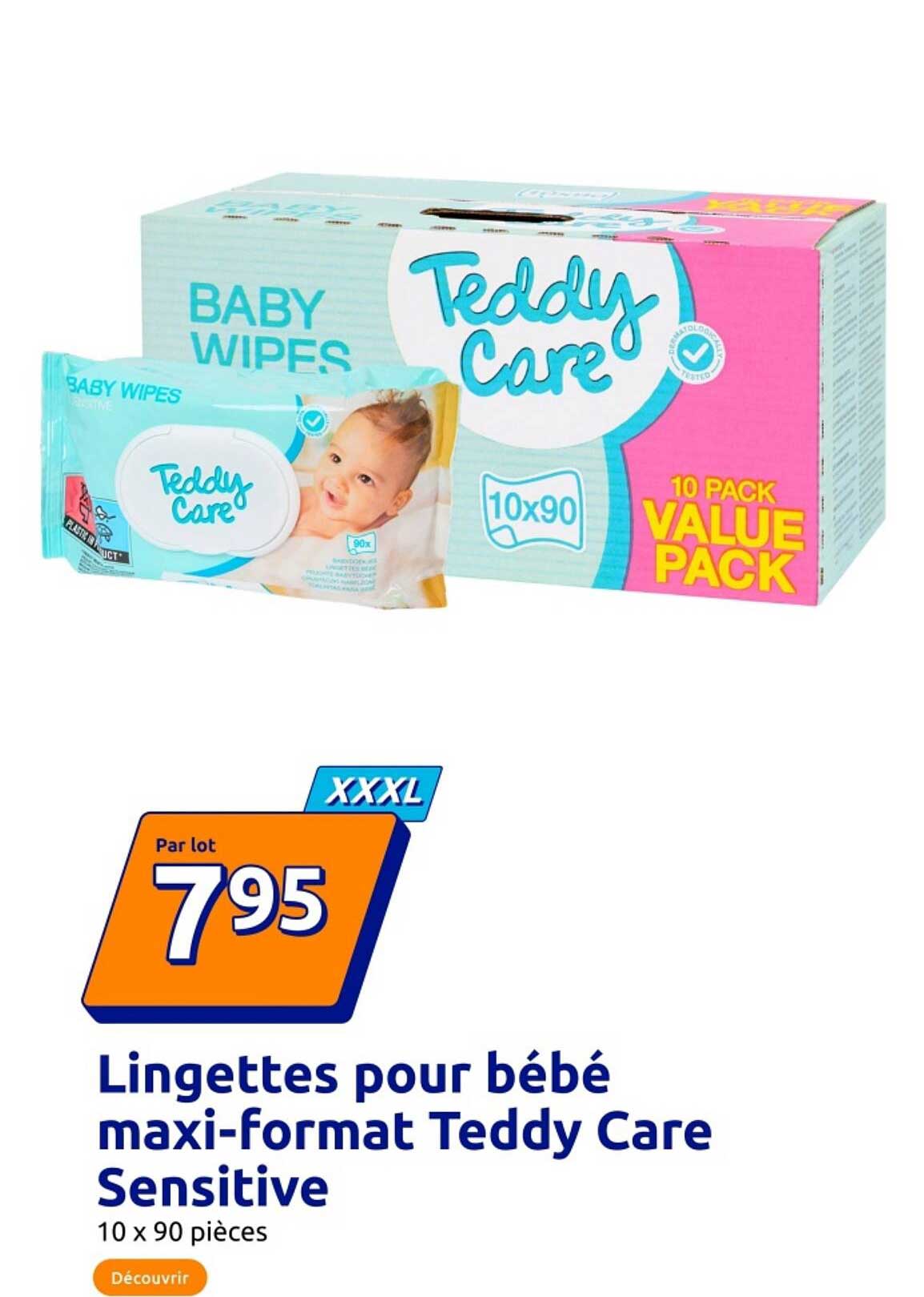Lingettes pour bébé maxi-format Teddy Care Sensitive 10 x 90 pièces