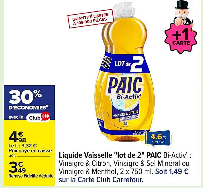 Liquide Vaisselle "lot de 2" PAIC Bi-Activ : Vinaigre & Citron, Vinaigre & Sel Minéral ou Vinaigre & Menthol, 2 x 750 ml
