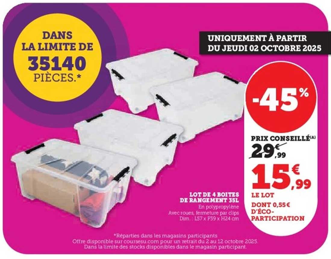 LOT DE 4 BOITES DE RANGEMENT 35L