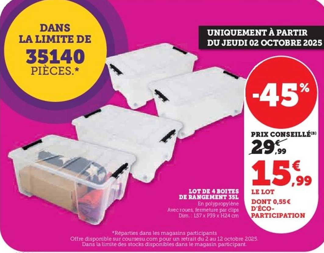 LOT DE 4 BOITES DE RANGEMENT 35L
