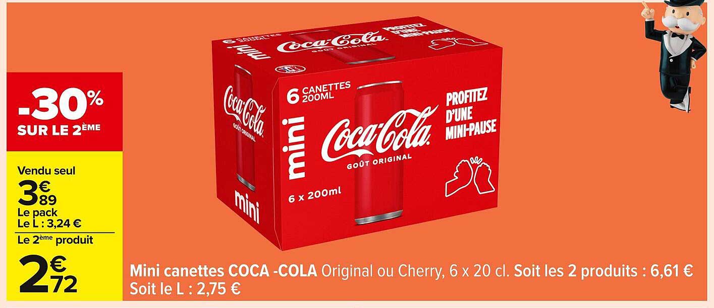 Mini canettes COCA-COLA Original ou Cherry, 6 x 20 cl