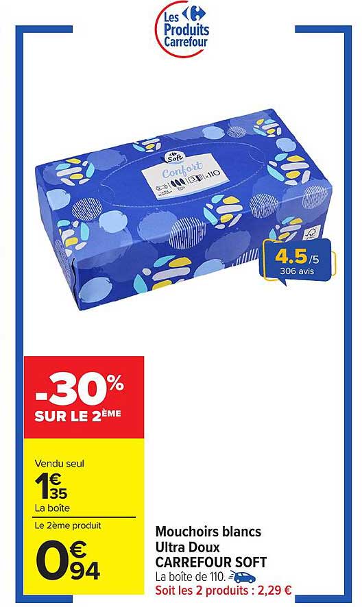 Mouchoirs blancs Ultra Doux CARREFOUR SOFT