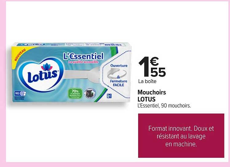 Mouchoirs LOTUS L'Essentiel, 90 mouchoirs.