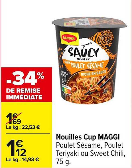 Nouilles Cup MAGGI Poulet Sésame, Poulet Teriyaki ou Sweet Chili, 75 g