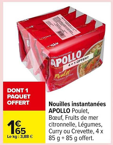 Nouilles instantanées APOLLO Poulet, Bœuf, Fruits de mer citronnelle, Légumes, Curry ou Crevette, 4 x 85 g + 85 g offert
