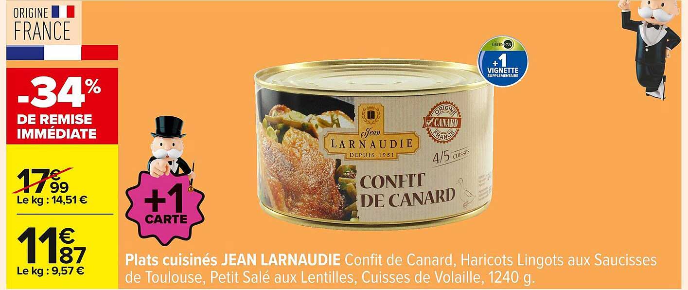 Plats cuisinés JEAN LARNAUDIE Confit de Canard, Haricots Lingots aux Saucisses de Toulouse, Petit Salé aux Lentilles, Cuisses de Volaille, 1240 g.