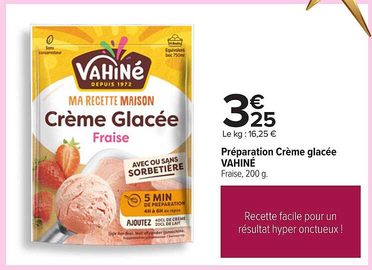 Préparation Crème glacée VAHINÉ Fraise, 200 g.