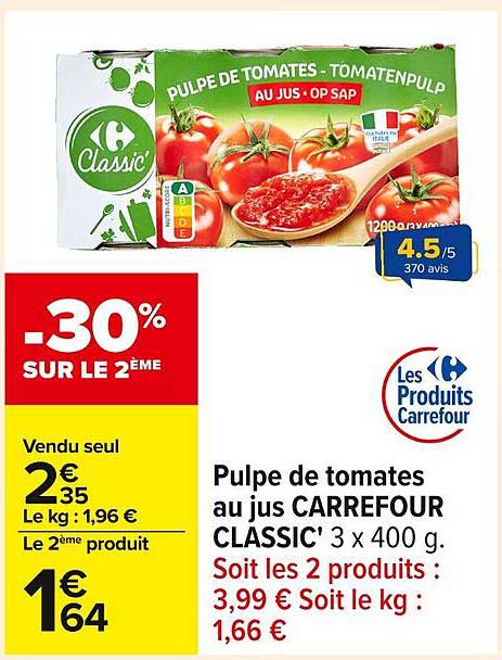 Pulpe de tomates au jus CARREFOUR CLASSIC' 3 x 400 g.