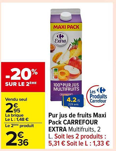 Pur jus de fruits Maxi Pack CARREFOUR EXTRA Multifruiits, 2 L