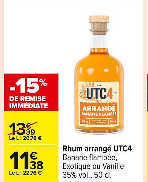 Rhum arrangé UTC4 Banane flambée, Exotique ou Vanille 35% vol., 50 cl.
