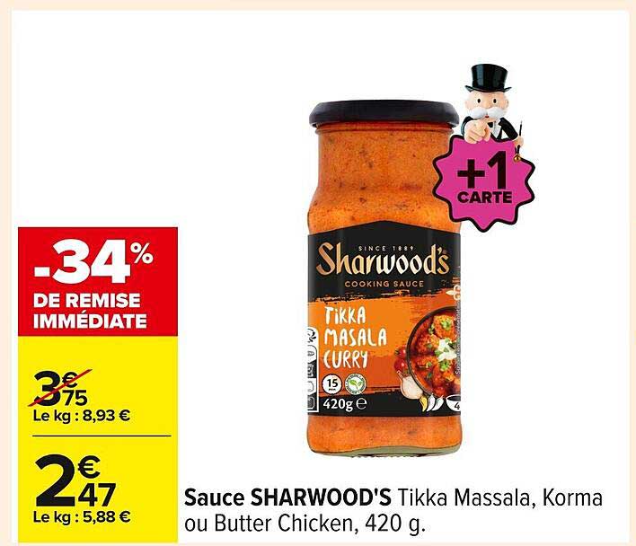 Sauce SHARWOOD'S Tikka Massala, Korma ou Butter Chicken, 420 g.