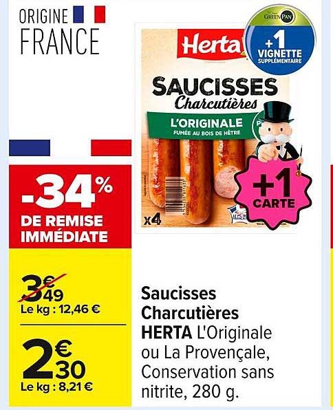 Saucisses Charcutières HERTA L'Originale ou La Provençale, Conservation sans nitrite, 280 g