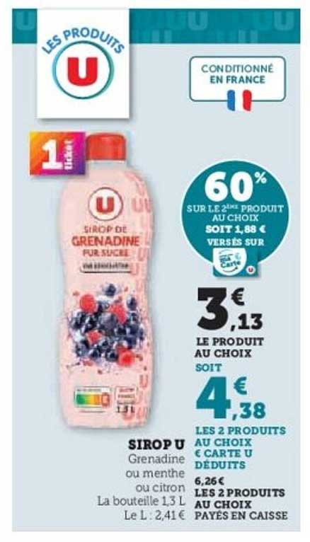 SIROP U Grenadine ou menthe ou citron