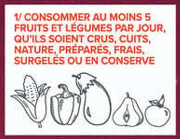 1/ CONSOMMER AU MOINS 5 FRUITS ET LEGUMES PAR JOUR, QU'ILS SOIENT CRUS, CUITS, NATURE, PREPARES, FRAIS, SURGELES OU EN CONSERVE