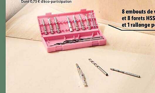 8 embouts de vissage et 8 forets HSS et 1 rallonge pour visseuse