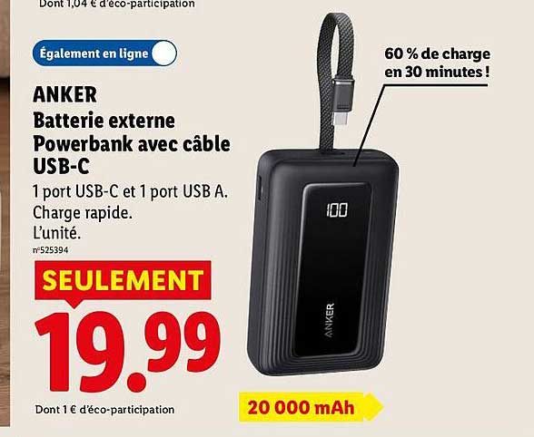 ANKER Batterie externe Powerbank avec câble USB-C