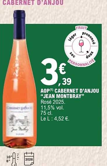 AOP(*) CABERNET D'ANJOU "JEAN MONTBRA" Rosé 2025. 11,5% vol. 75 cl. Le L : 4,52 €.