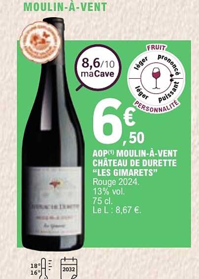 AOP(*) MOULIN-À-VENT CHÂTEAU DE DURETTE "LES GIMARETS" Rouge 2024.