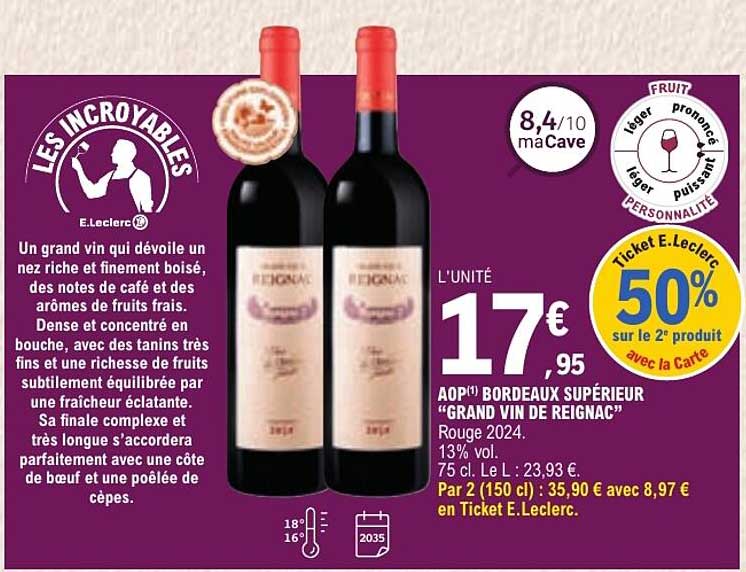 AOP(1) BORDEAUX SUPÉRIEUR “GRAND VIN DE REIGNAC” Rouge 2024.