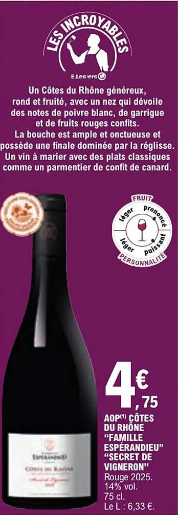 AOP(1) CÔTES DU RHÔNE "FAMILLE ESPÉRANDIEU" "SECRET DE VIGNERON" Rouge 2025. 14% vol. 75 cl.