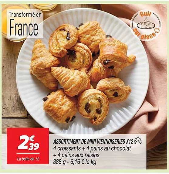 ASSORTIMENT DE MINI VIENNOISERIES X12 4 croissants + 4 pains au chocolat + 4 pains aux raisins 388 g - 6,16 € le kg