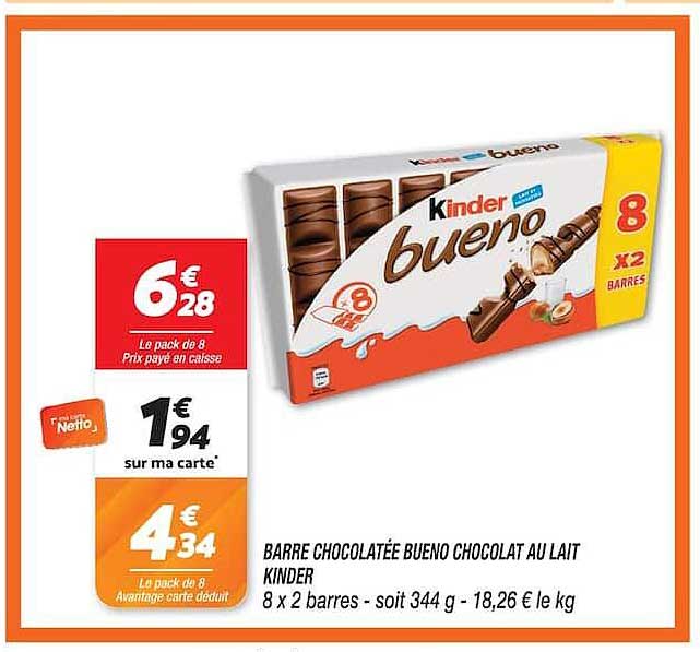 BARRE CHOCOLATÉE BUENO CHOCOLAT AU LAIT KINDER