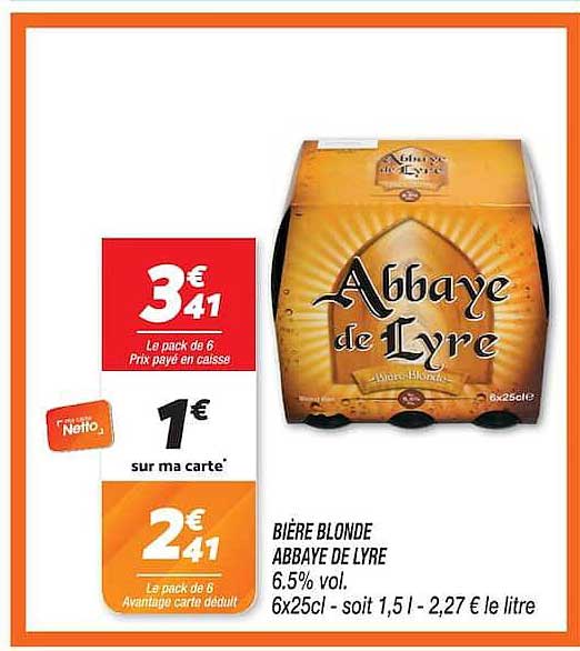 BIÈRE BLONDE ABBAYE DE LYRE 6.5% vol. 6x25cl - soit 1,5 l - 2,27 € le litre