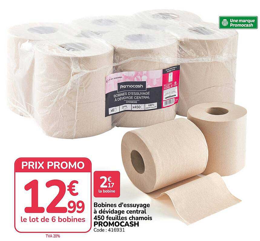 Bobines d'essuyage à dévidage central 450 feuilles chamois PROMOCASH