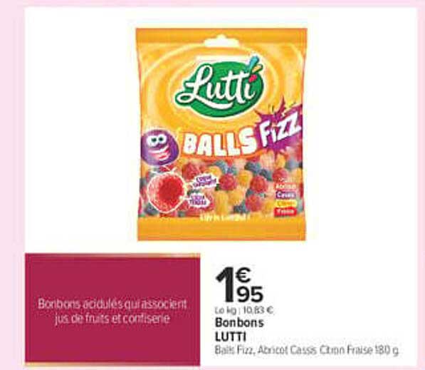 Bonbons LUTTI Balls Fizz, Abricot Cassis, Citron Fraise 180 g