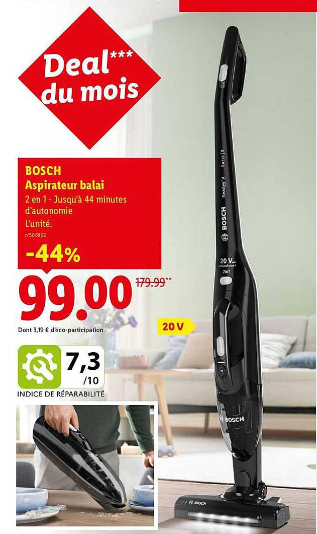 BOSCH Aspirateur balai 2 en 1 - Jusqu'à 44 minutes d'autonomie