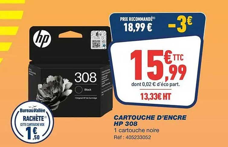 CARTOUCHE D'ENCRE HP 308 1 cartouche noire Réf : 405233052