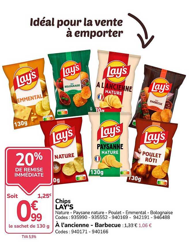 Chips LAY'S Nature - Paysane nature - Poulet - Emmental - Bolognaise - À l'ancienne - Barbecue
