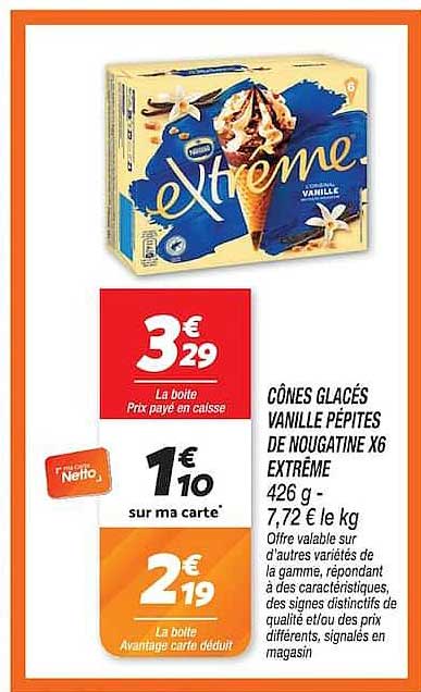 CÔNES GLACÉS VANILLE PÉPITES DE NOUGATINE X6 EXTRÊME