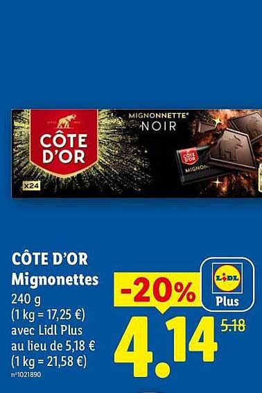 CÔTE D’OR Mignonettes 240 g (1kg = 17,25 €) avec Lidl Plus au lieu de 5,18 € (1kg = 21,58 €)