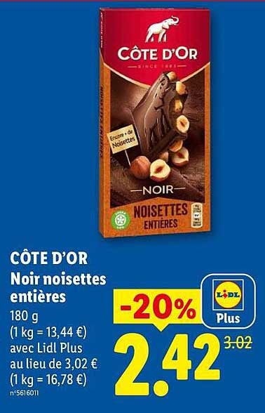 CÔTE D'OR Noir noisettes entières 180 g