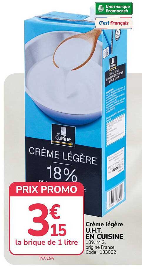 Crème légère U.H.T. EN CUISINE 18% M.G. origine France