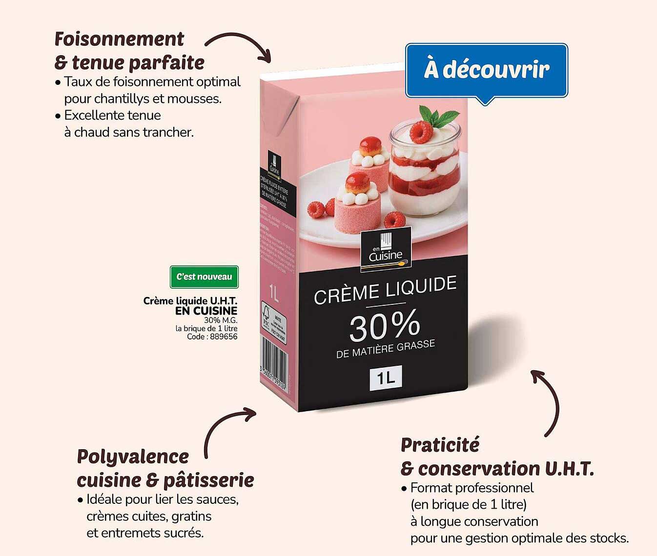 Crème liquide U.H.T. EN CUISINE 30% M.G. la brique de 1 litre Code : 889656