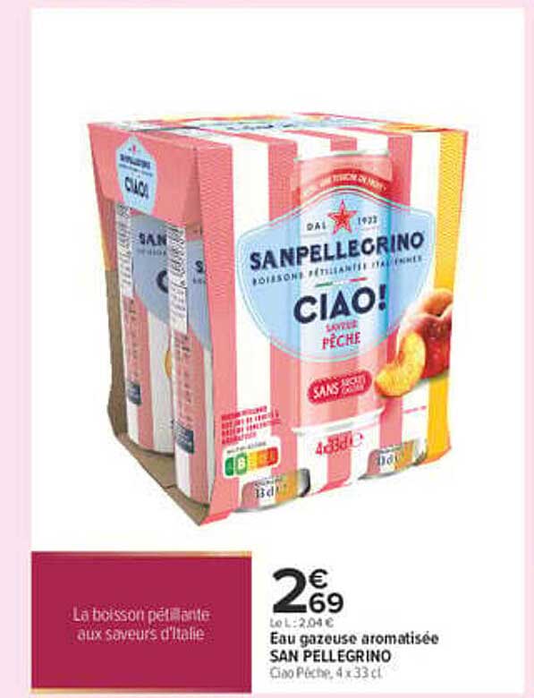 Eau gazeuse aromatisée SAN PELLEGRINO Ciao Pêche, 4 x 33 cl