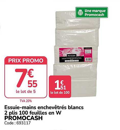 Essuie-mains enchevêtrés blancs 2 plis 100 feuilles en W PROMOCASH