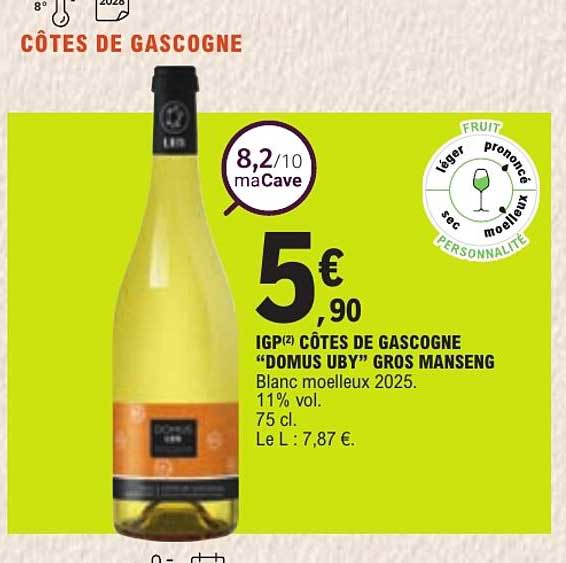 IGP CÔTES DE GASCOGNE “DOMUS UBY” GROS MANSENG Blanc moelleux 2025.